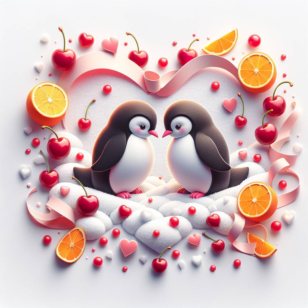 1) Valentines-day AI Generated Card - Penguins, Cherrys, and Orange (623a9)
