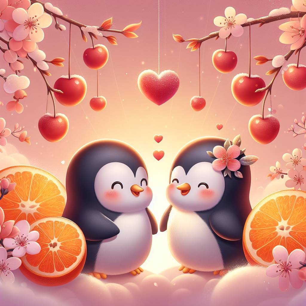 2) Valentines-day AI Generated Card - Penguins, Cherrys, and Orange (18fd5)