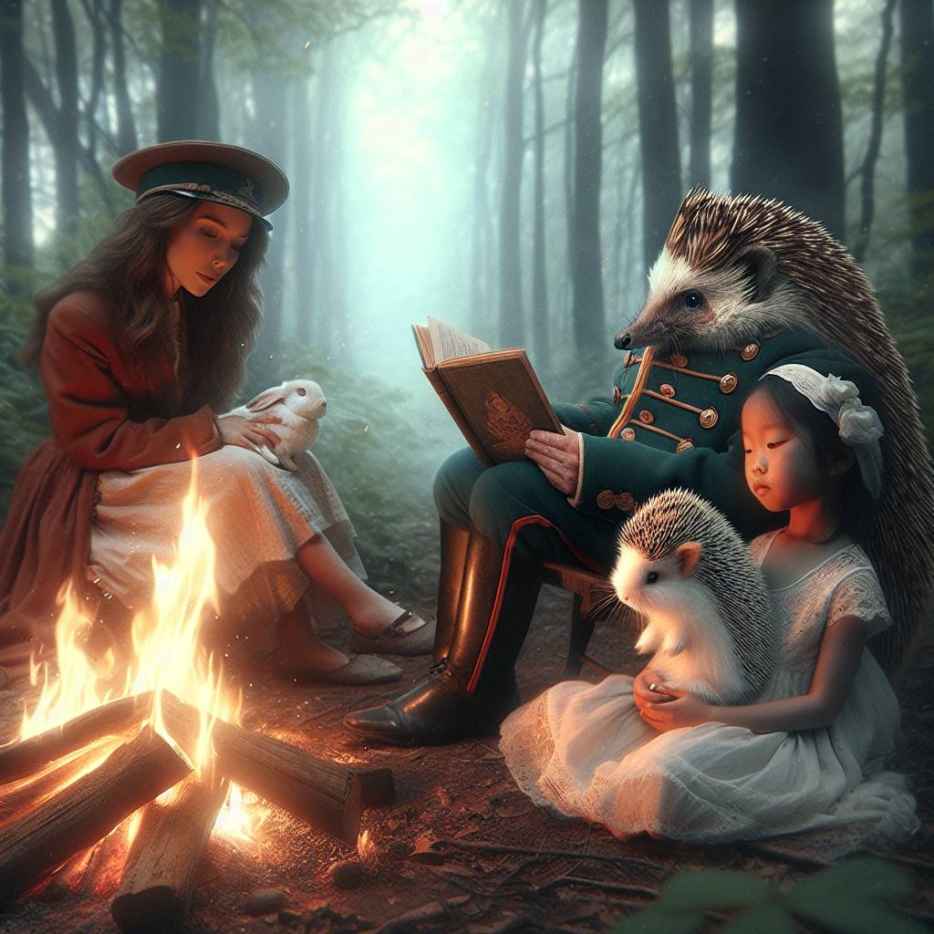 1) Fathers-day AI Generated Card - Hedge hog dresssed as soldier reading, Lady with brown medium length hair, Young girl holding a white rabbit, and Sat around a fire (49b81)