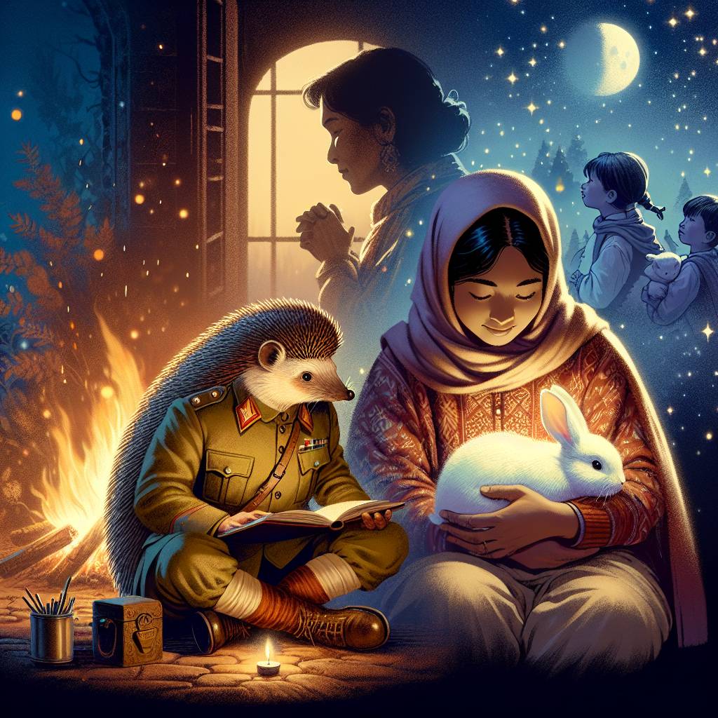 2) Fathers-day AI Generated Card - Hedge hog dresssed as soldier reading, Lady with brown medium length hair, Young girl holding a white rabbit, and Sat around a fire (89a33)