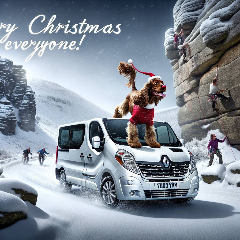 2) Christmas AI Generated Card - White 2012 renault master pulled by brown cocker spaniel with a red nose like rudolph, Snowy peak district national park, and Rock climbers in the background (07191)