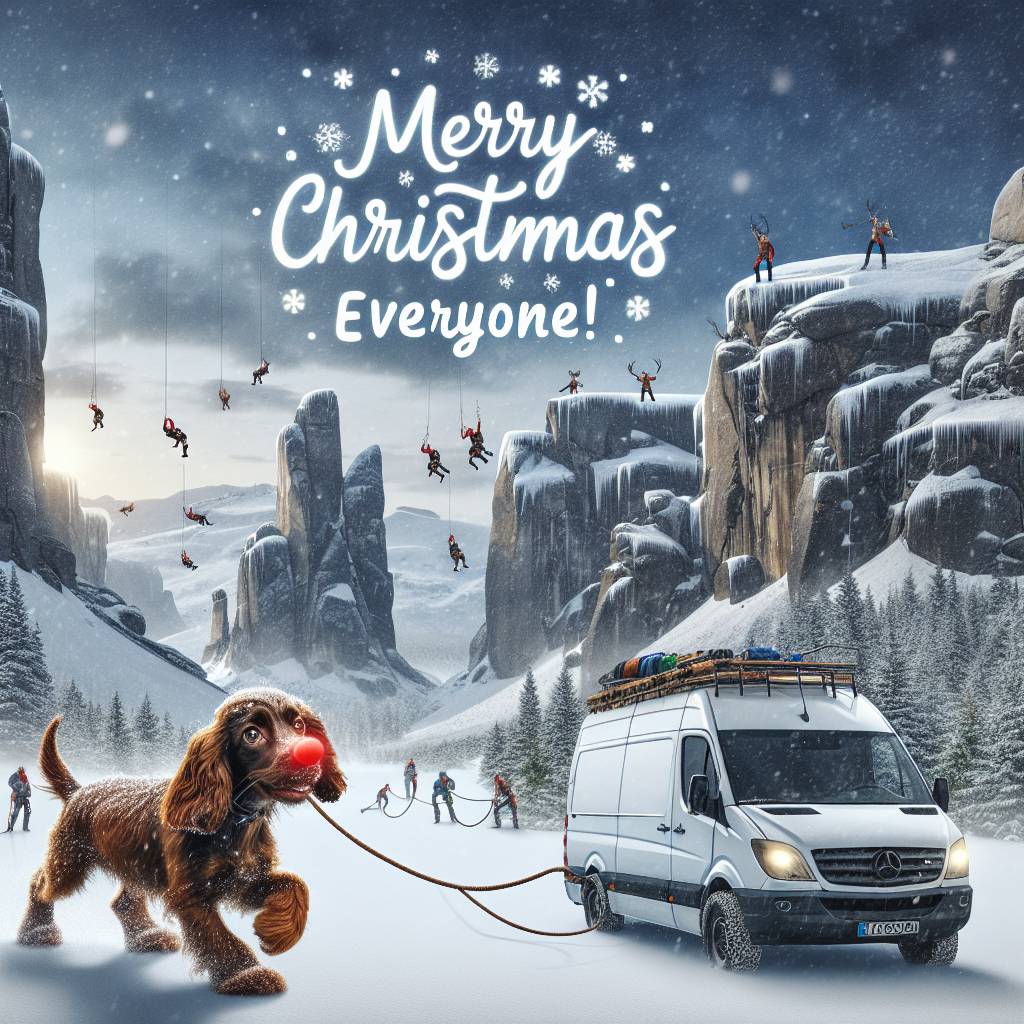 4) Christmas AI Generated Card - White 2012 renault master pulled by brown cocker spaniel with a red nose like rudolph, Snowy peak district national park, and Rock climbers in the background (5ec75)