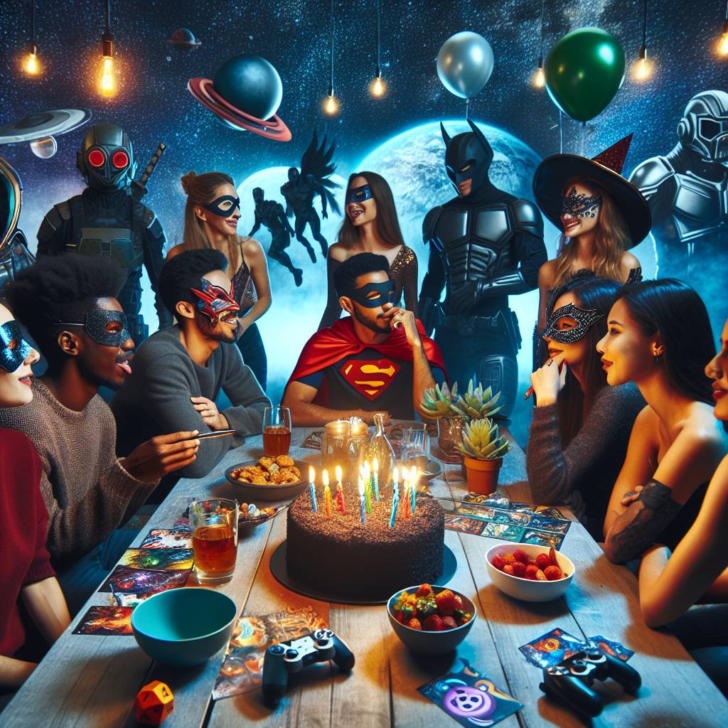 4) Birthday AI Generated Card - Superheroes with a overnigght party and cinema, Gaming, StarWars, Marve Heroes, and Frriends (c58c4)})