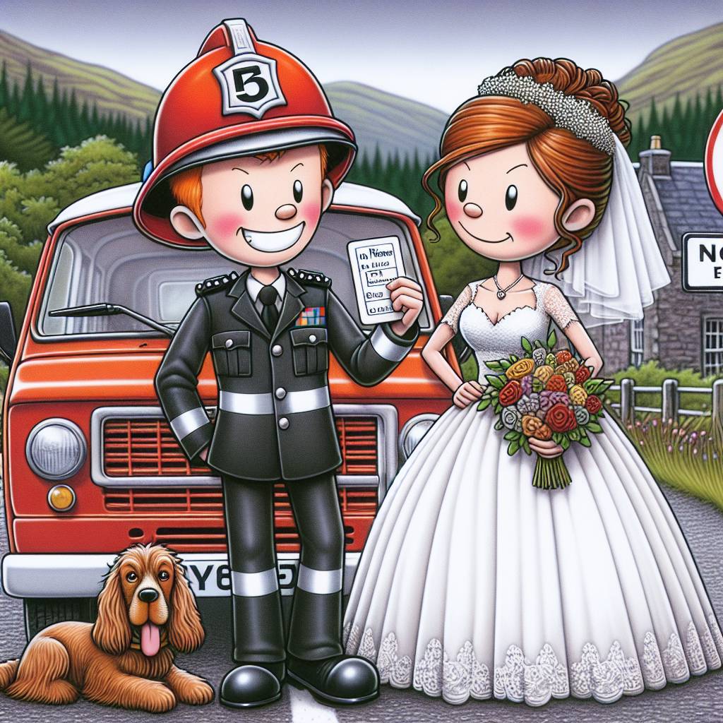 1) Wedding AI Generated Card - White Scottish firefighter groom with ginger hair and a brown cocker spaniel, in a red campervan given a "No Parking" ticket by his white, Scottish female police officer bride with brown hair in the Scottish mountainside (93b11)