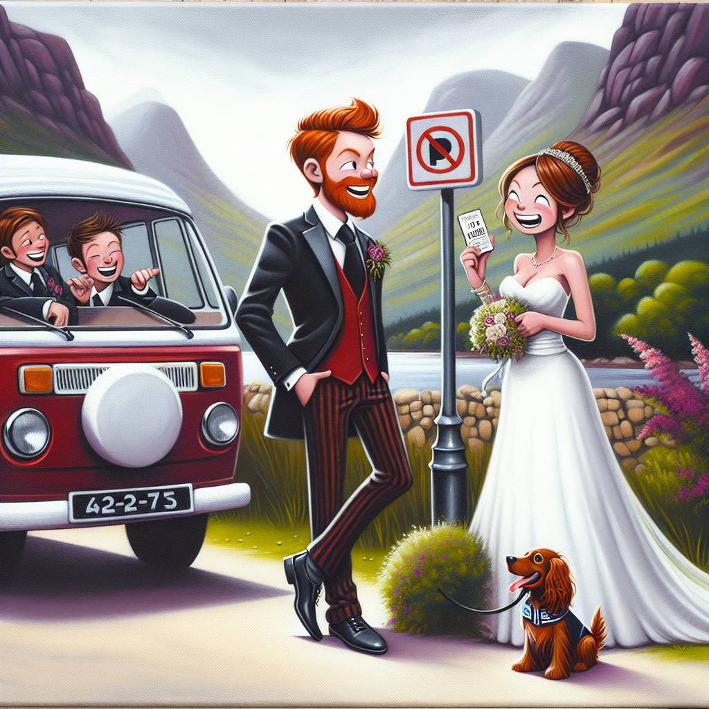 2) Wedding AI Generated Card - White Scottish firefighter groom with ginger hair and a brown cocker spaniel, in a red campervan given a "No Parking" ticket by his white, Scottish female police officer bride with brown hair in the Scottish mountainside (82c7e)