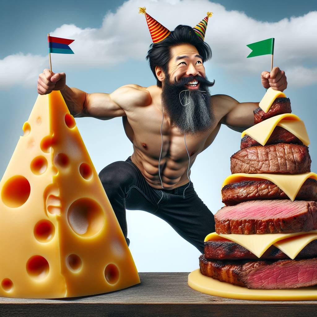 2) Birthday AI Generated Card - Long beard, Man climbing, Mountains of cheese, and Mountains of steak (afcd2)