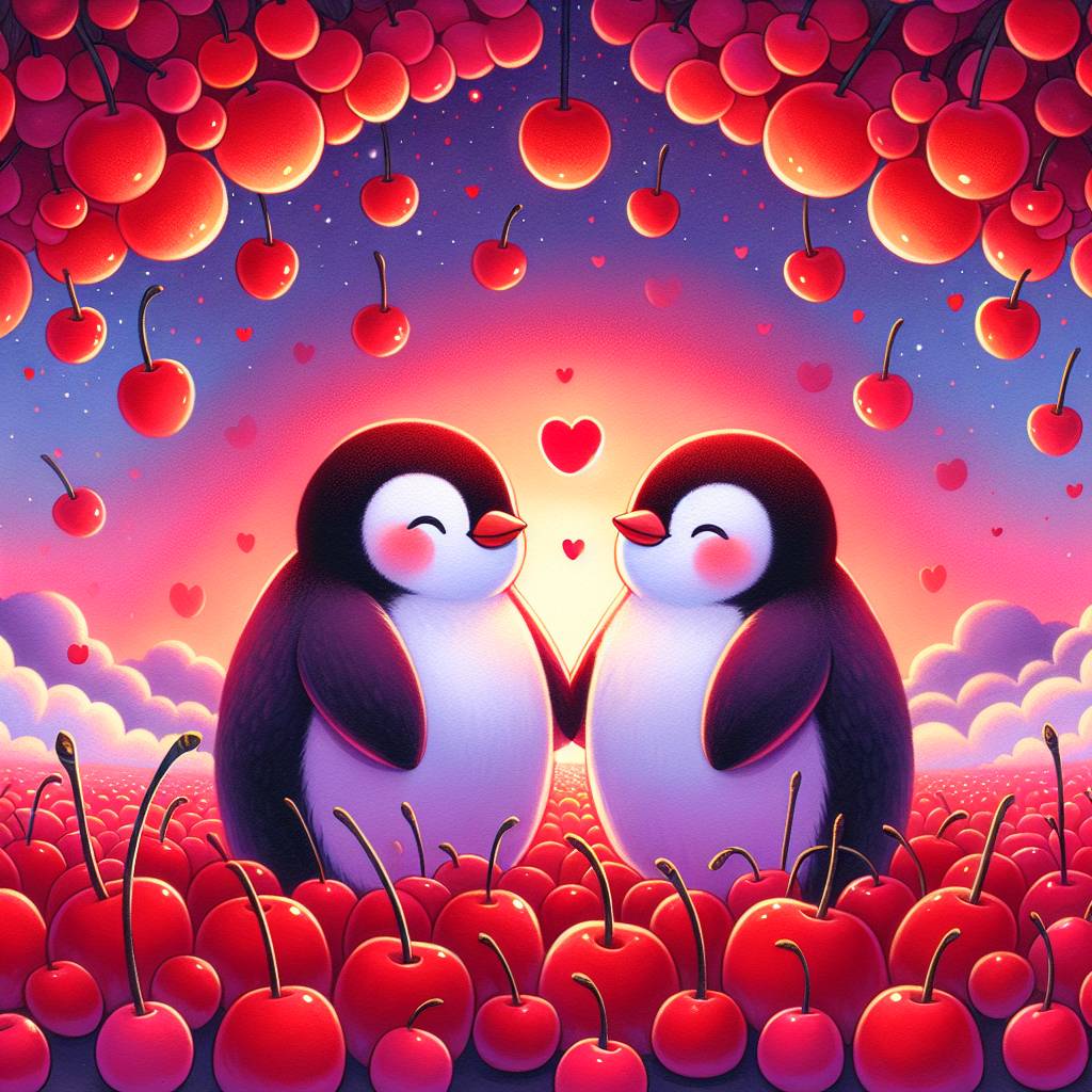 1) Valentines-day AI Generated Card - Penguins , Cherries , and Sunset (98701)