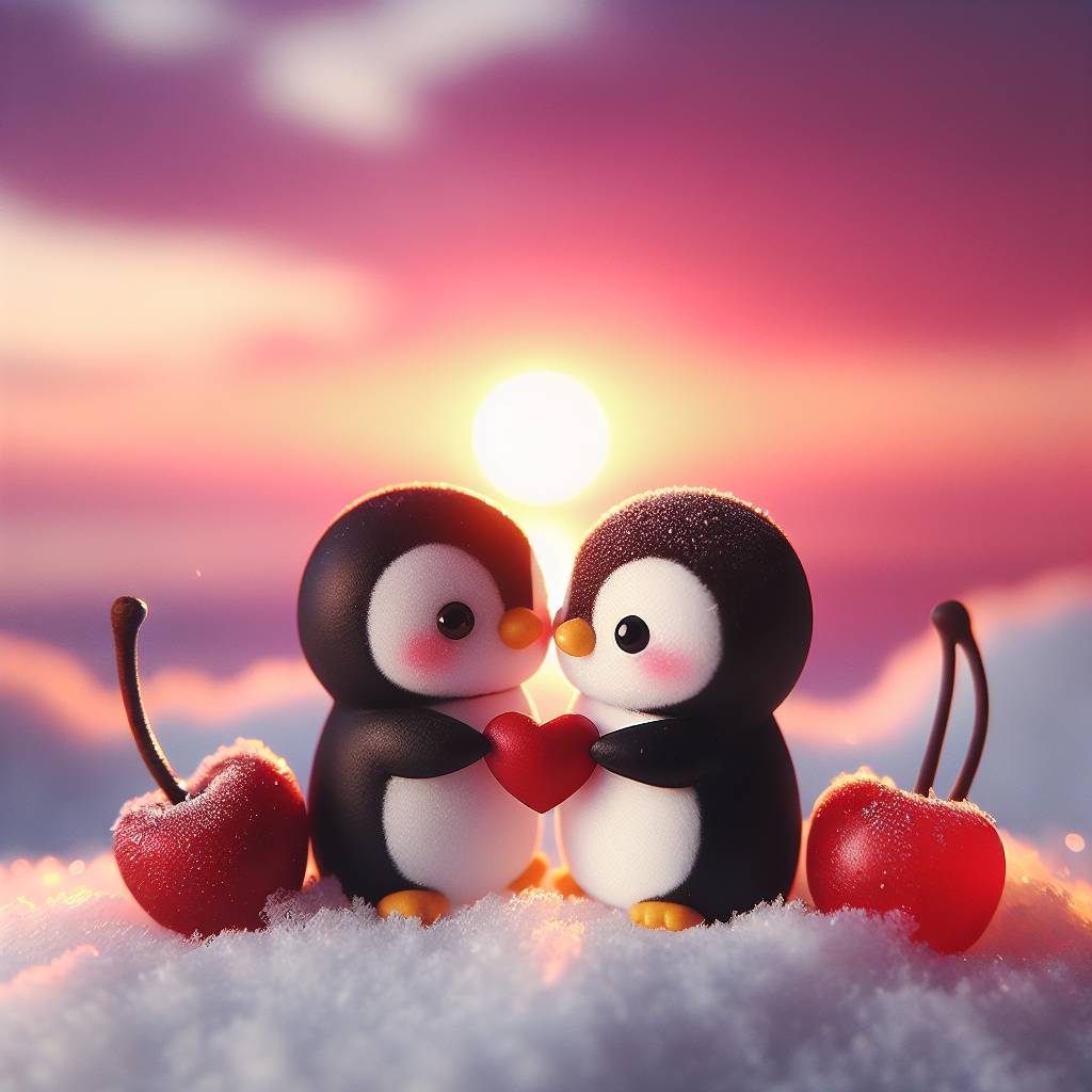 2) Valentines-day AI Generated Card - Penguins , Cherries , and Sunset (69054)