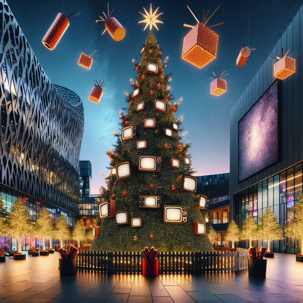 2) Christmas AI Generated Card - Giant christmas tree with televisions as decorations, Christmas crackers, Manchester, Media city, and Twinkling stars (297ff)