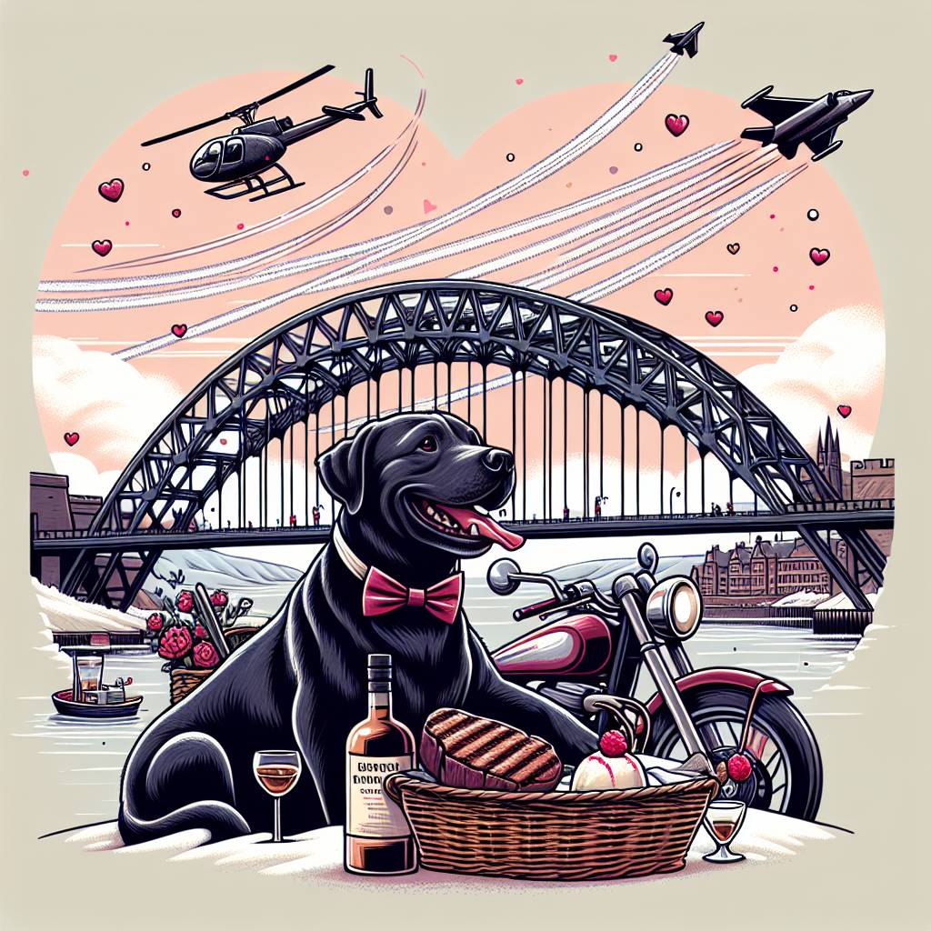 1) Valentines-day AI Generated Card - Black Labrador , Tyne bridge, Motorbike, Star Wars, Whiskey, Steak, Helicopter, Snow, Mountains , X wing fighter, and Vanilla ice cream  (e2fe4)