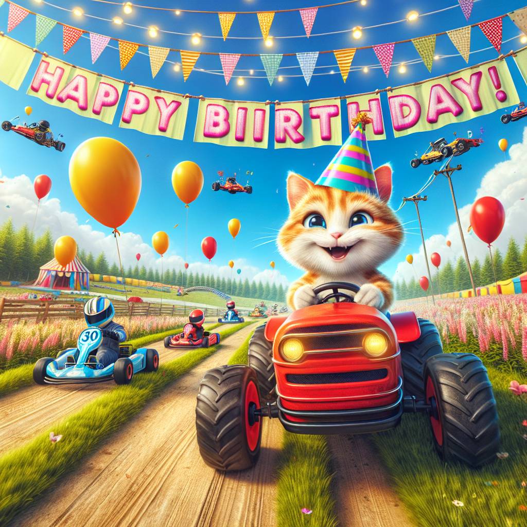 2) Birthday AI Generated Card - Tractors  ginger cat  go karts (d21b4)
