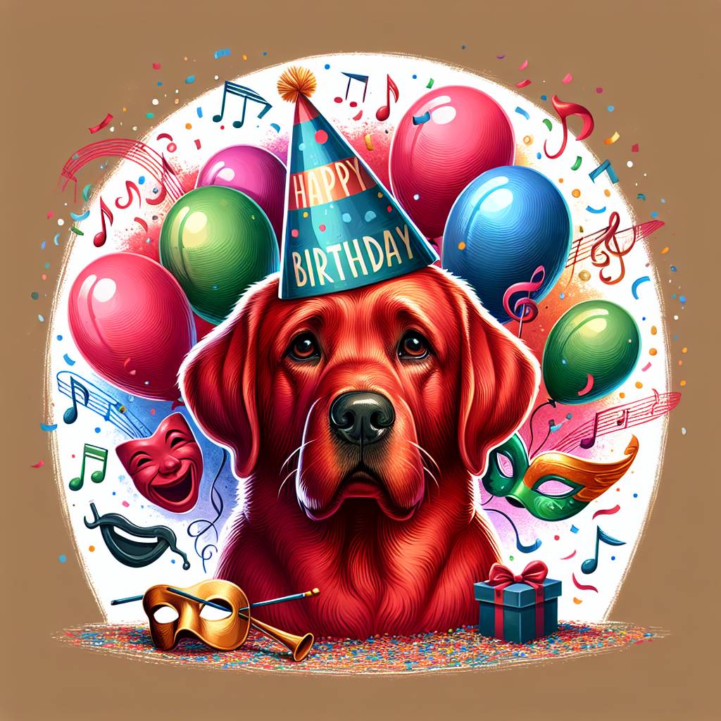 1) Birthday AI Generated Card - Red labrador, and Musical theatre (47bdf)