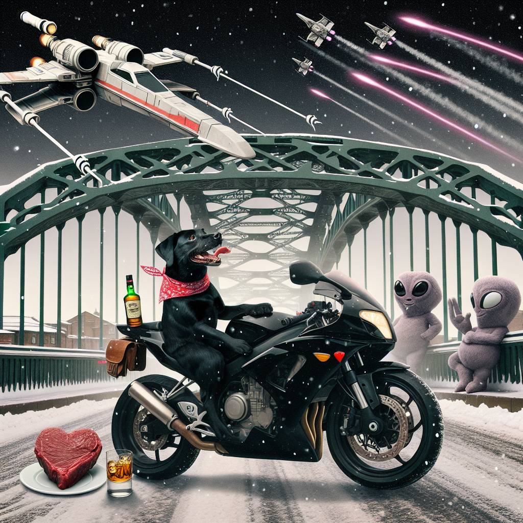 2) Valentines-day AI Generated Card - Black Labrador riding sports motorbike and drinking whiskey, Tyne bridge, Snow, Heart shape steak, Whiskey, Aliens eating ice cream, and X wing  (8e90a)