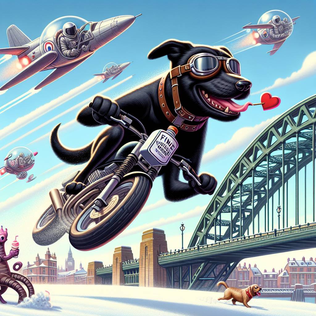 1) Valentines-day AI Generated Card - Black Labrador riding sports motorbike and drinking whiskey, Tyne bridge, Snow, Heart shape steak, Whiskey, Aliens eating ice cream, and X wing  (32638)