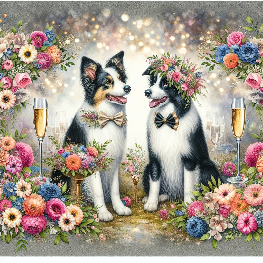 2) Wedding AI Generated Card - Border collie, Champagne, and Pretty flowers (6f6e8)