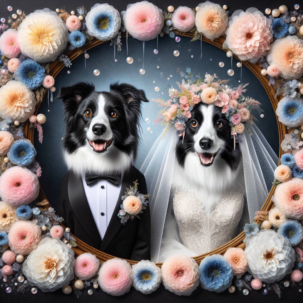 1) Wedding AI Generated Card - Border collie, Champagne, and Pretty flowers (90359)