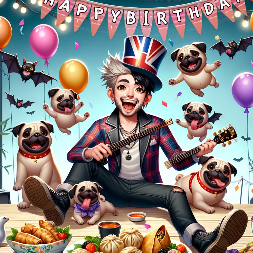 1) Birthday AI Generated Card - Yungblud, Pugs, Bats, and Chinese food (a06f2)