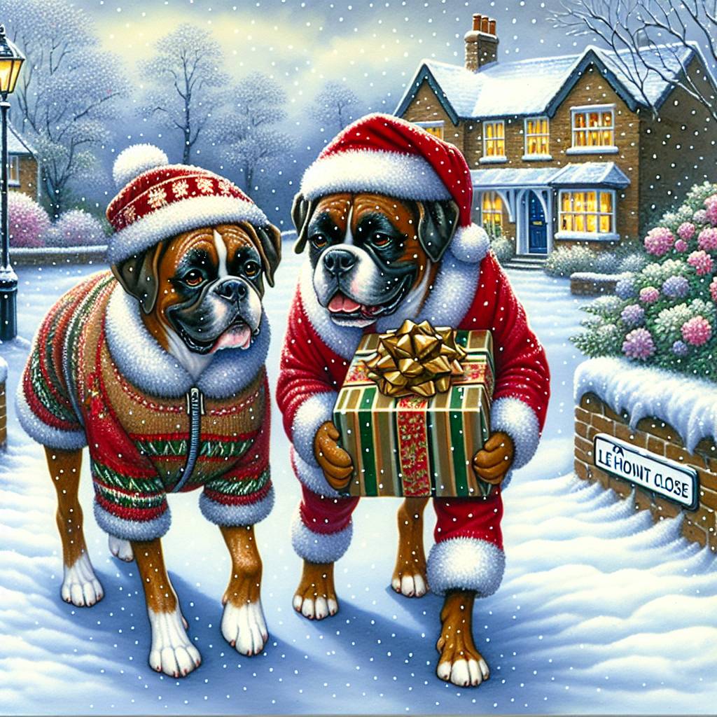3) Christmas AI Generated Card - Neighbour, Lea Mount Close, and 2 boxer dogs