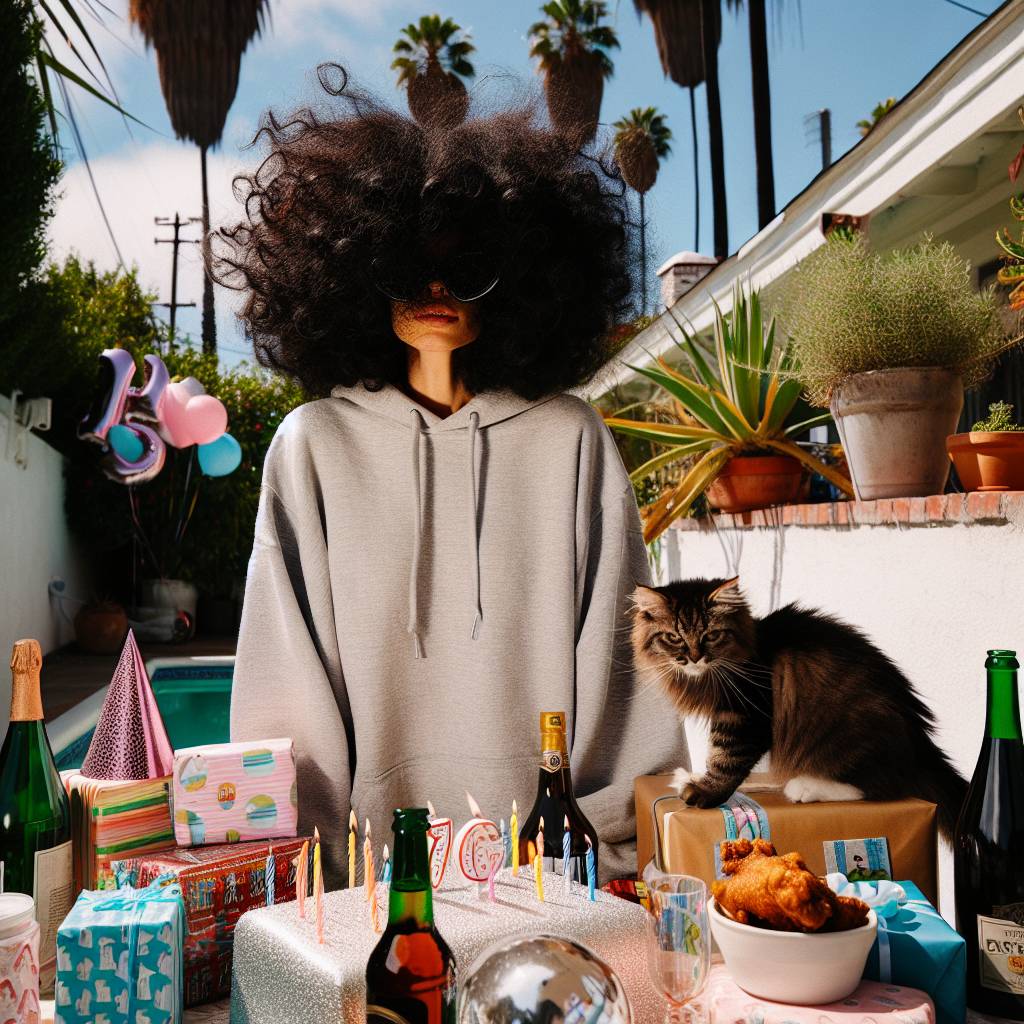 2) Birthday AI Generated Card - Mixed race light medium skin tone black woman with really curly shoulder length black hair wearing a hoodie, Tabby cat kitten, Sunglasses, Birthday cake celebration, Bottles of gin, Smoking marijuana weed cannabis, Presents and balloons, Sunglasses, Fried chicken KFC, and Palm trees outdoors (ae8bc)
