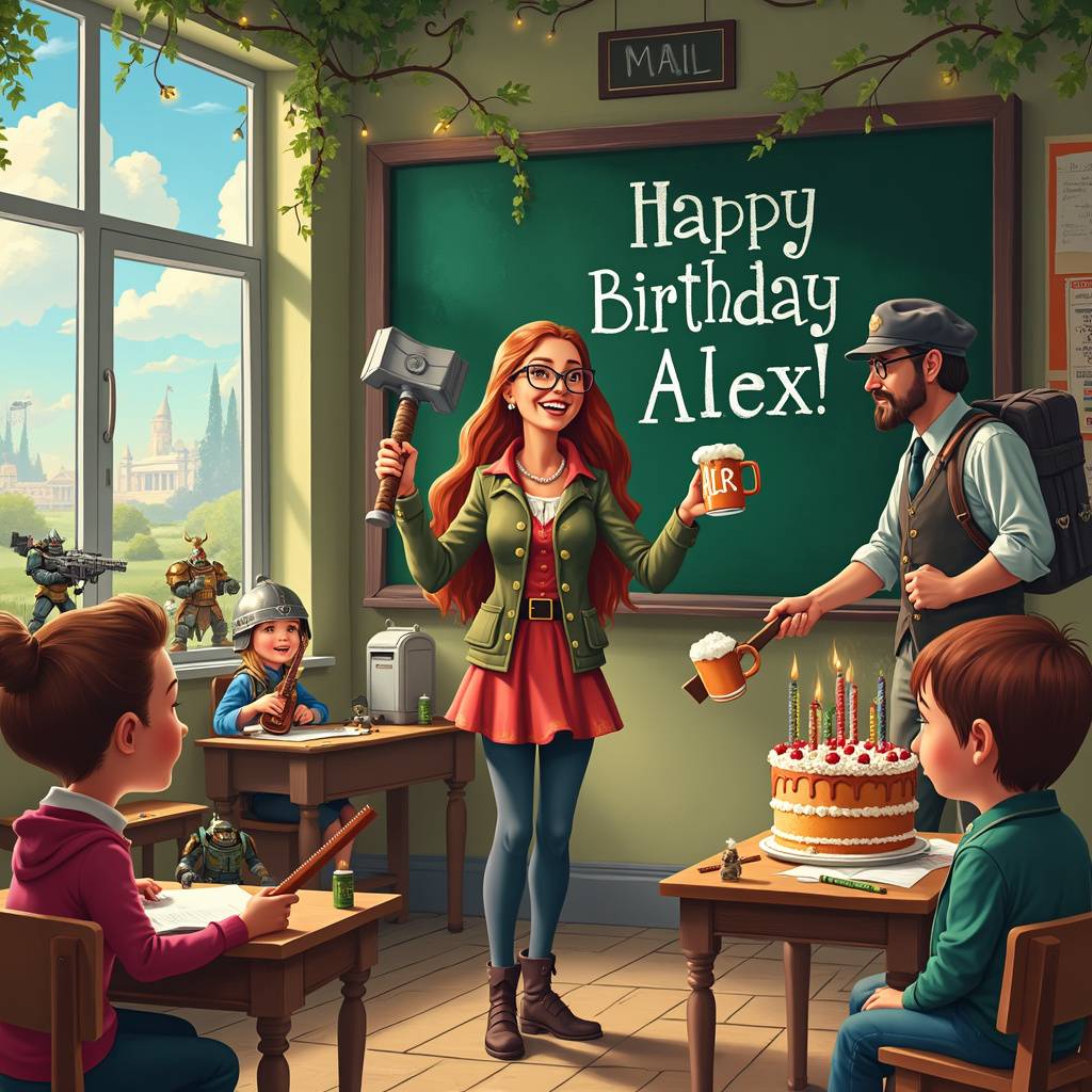 1) Birthday AI Generated Card - Warhammer, Early years Teacher , Beer, Long hair, Glasses, Guitar, Mail, and Laugh (94bdf)