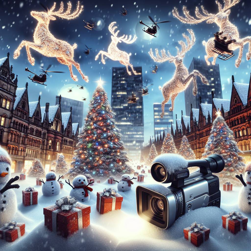 4) Christmas AI Generated Card - Television cameras , Christmas trees, Manchester , Lights , Presents , Snowmen , Sleigh , and Illuminated reindeer  (fcaeb)