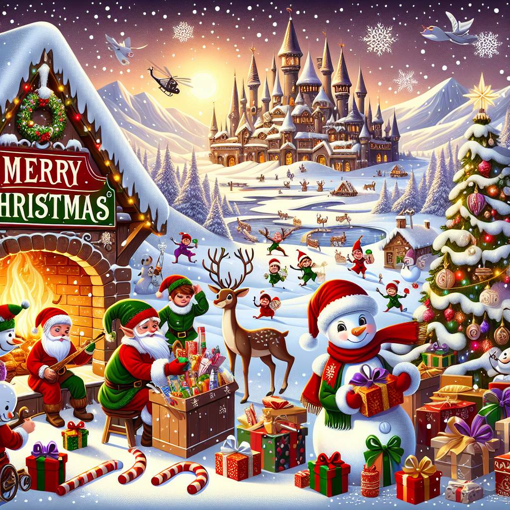 4) Christmas AI Generated Card - Santa's workshop/elves/snowman/reindeer/candy canes/winter wonderland/snow castle/ fireplace/presents/christmas tree/christmas lights (3ccb6)