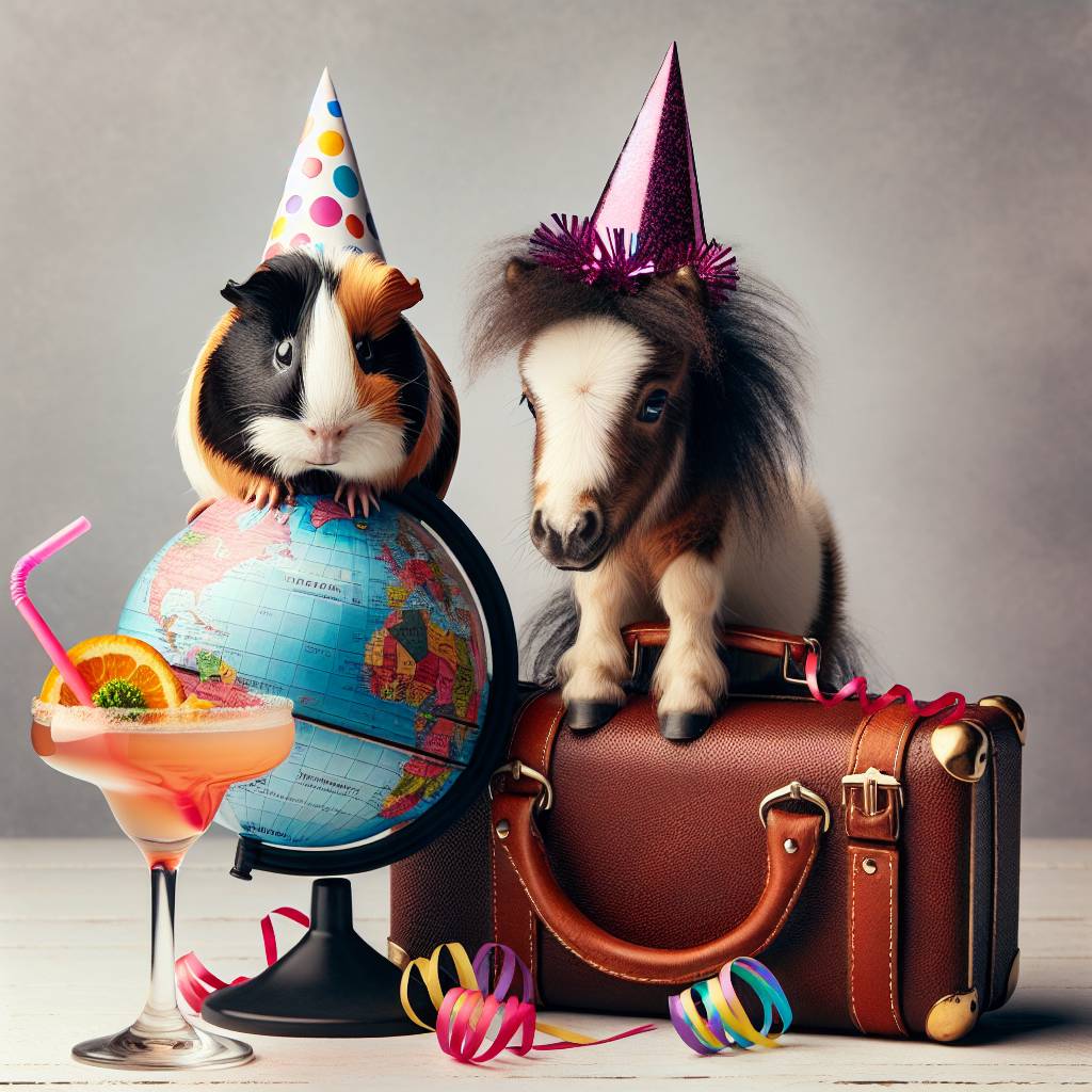 1) Birthday AI Generated Card - Guinea pig, Shetland pony, Cocktail, and Travel (b7b6d)