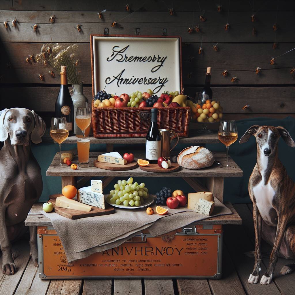 1) Anniversary AI Generated Card - Food, Wine, Beer, Bees, Their dark gray Weimaraner, and Their fawn and brindle Whippet (b360f)