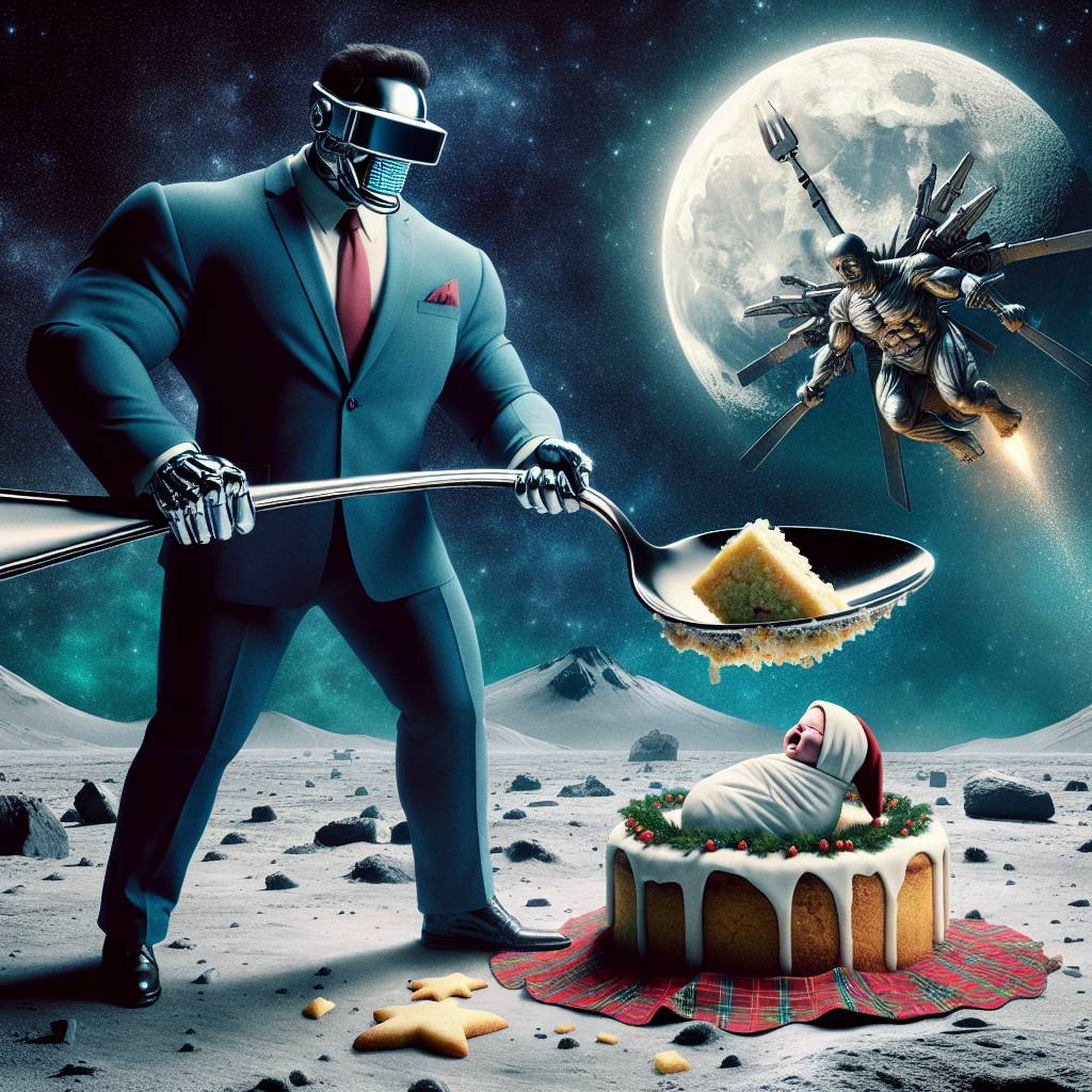 3) Christmas AI Generated Card - Baby Jesus being fed Christmas cake by Donald trump with a very long spoon, On the moon, Donald trump is really muscular , and Moon on a collision course with earth (777e7)