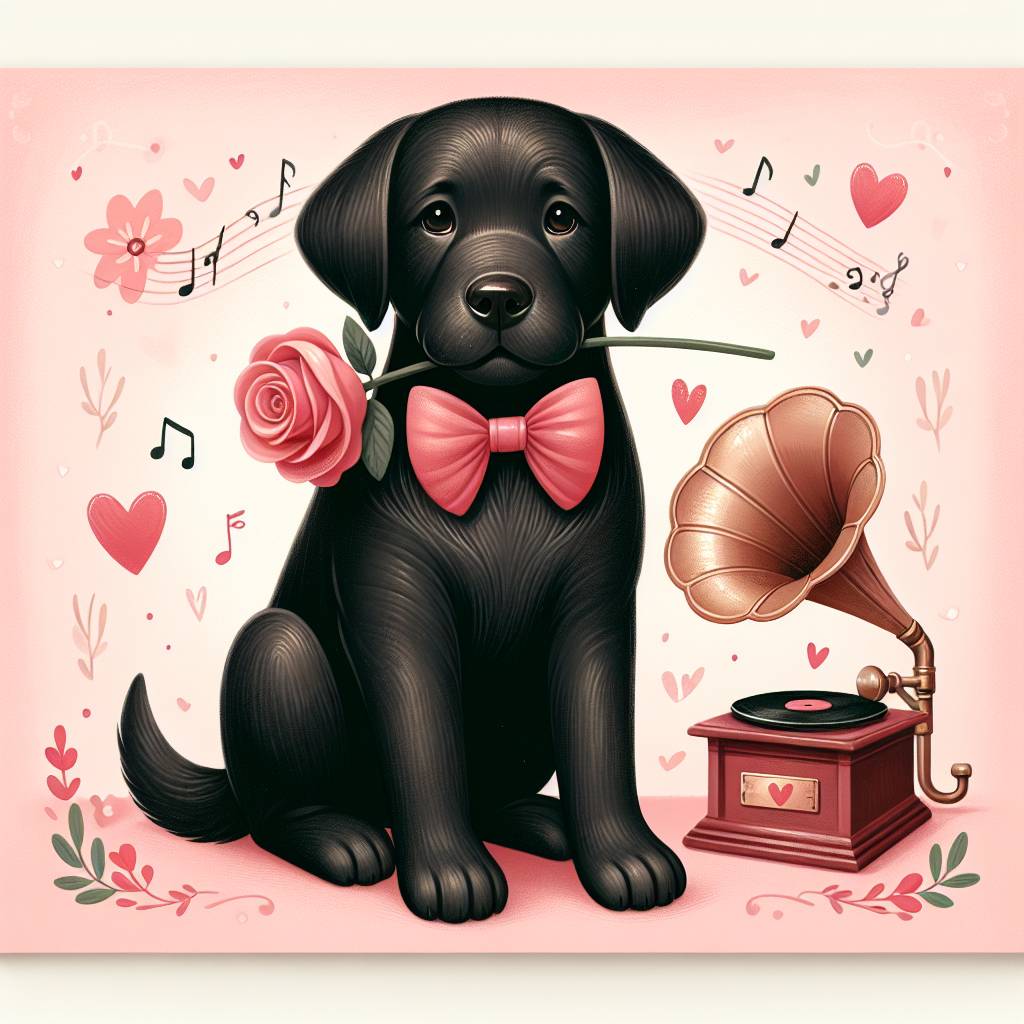 1) Valentines-day AI Generated Card - Black labrador, and Music (9fbfa)