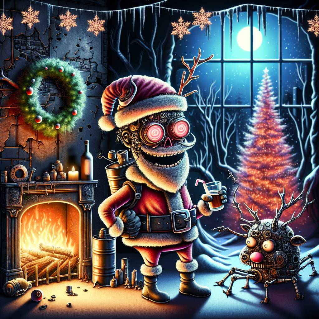 1) Christmas AI Generated Card - Drunk santa, Apocalyptic christmas, Steam punk, Mutant reindeer , and Burnt Christmas tree (89f88)