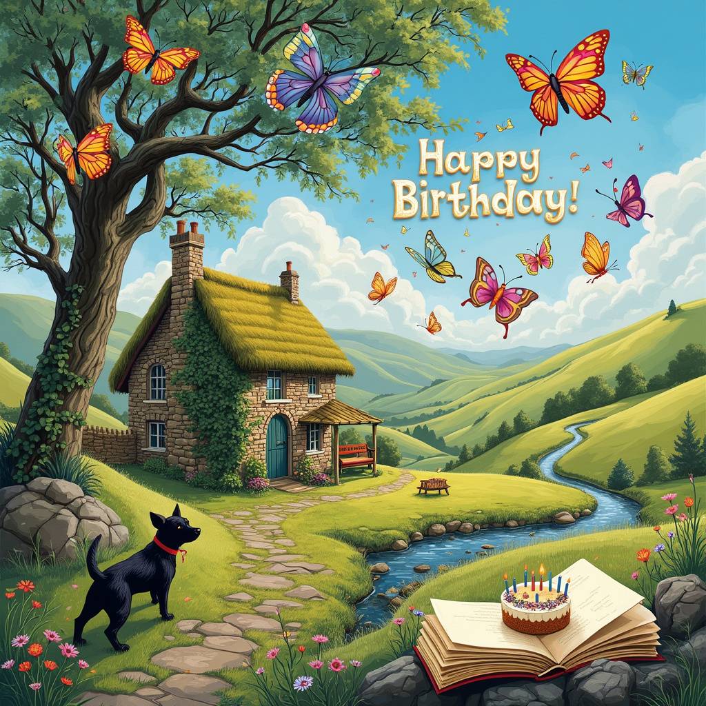 1) Birthday AI Generated Card - Books, Butterflies, Yorkshire dales, and Small black dog (593bc)