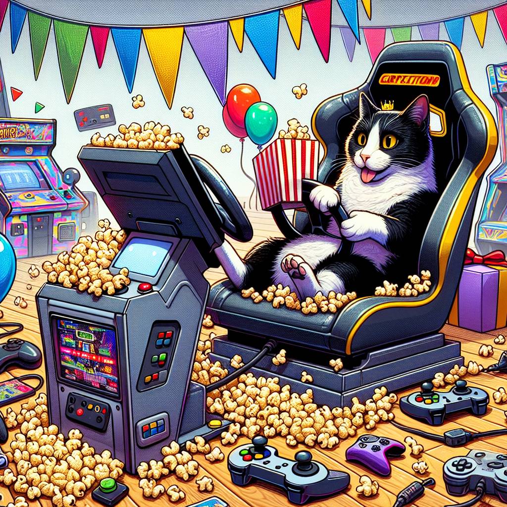 2) Birthday AI Generated Card - Gaming, Black and white cat, Popcorn, and Cruising  (d5c63)