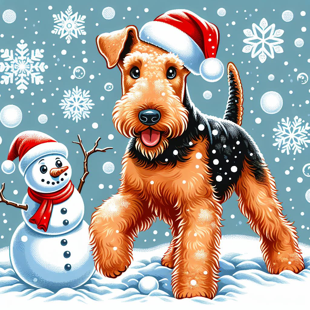 3) Christmas AI Generated Card - Airedale Terrier with Christmas hat running in snow, Snowman, and Snow flakes (89429)