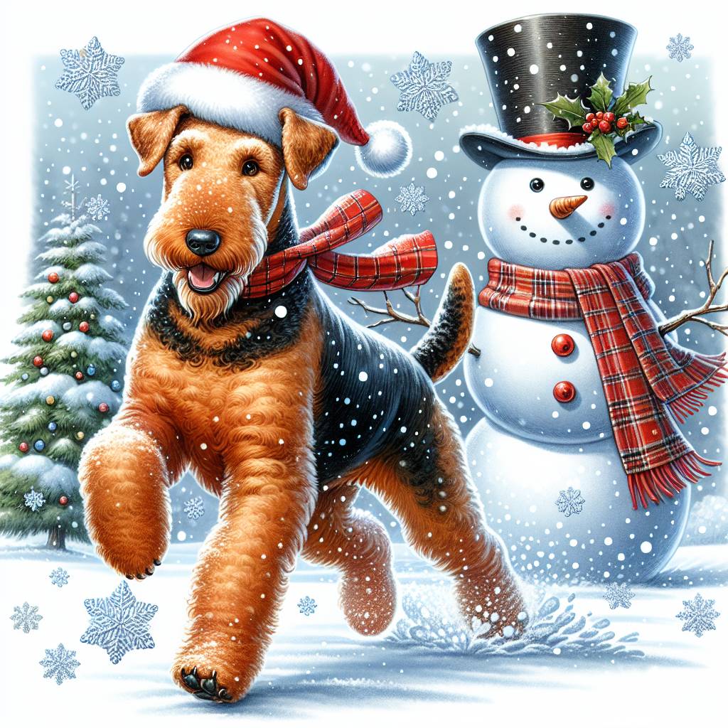 1) Christmas AI Generated Card - Airedale Terrier with Christmas hat running in snow, Snowman, and Snow flakes (339ce)
