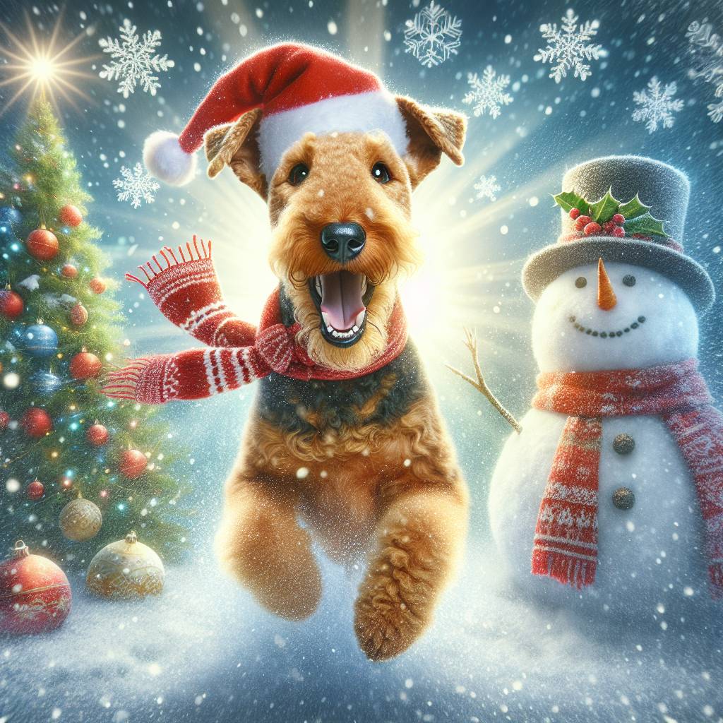 2) Christmas AI Generated Card - Airedale Terrier with Christmas hat running in snow, Snowman, and Snow flakes (7e1c6)