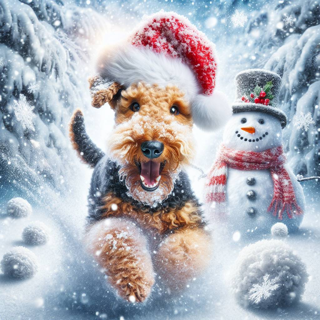 4) Christmas AI Generated Card - Airedale Terrier with Christmas hat running in snow, Snowman, and Snow flakes (c11ef)