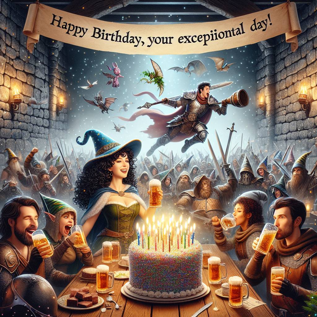 3) Birthday AI Generated Card - Make it so that my boyfriend and I are dungeons and dragons characters. He has dark hair and I have dark curly hair. , and Dnd (c7006)
