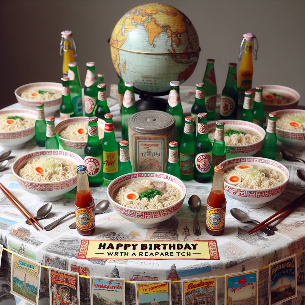 1) Birthday AI Generated Card - Ramen, Coca cola, Travel, and Hot sauce (52a80)