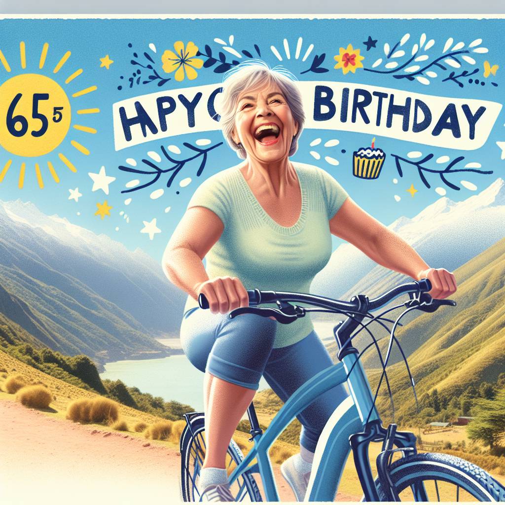 2) Birthday AI Generated Card - The card shows my active, healthy, 65 year old mum who has short hair and no glasses. She is riding a big blue bike called Surly through the mountains of Chile in the sunshine (1b1b0)