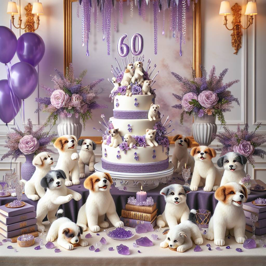 1) Birthday AI Generated Card - 60, Dog, Purple, Crystals, and Books (d0c78)