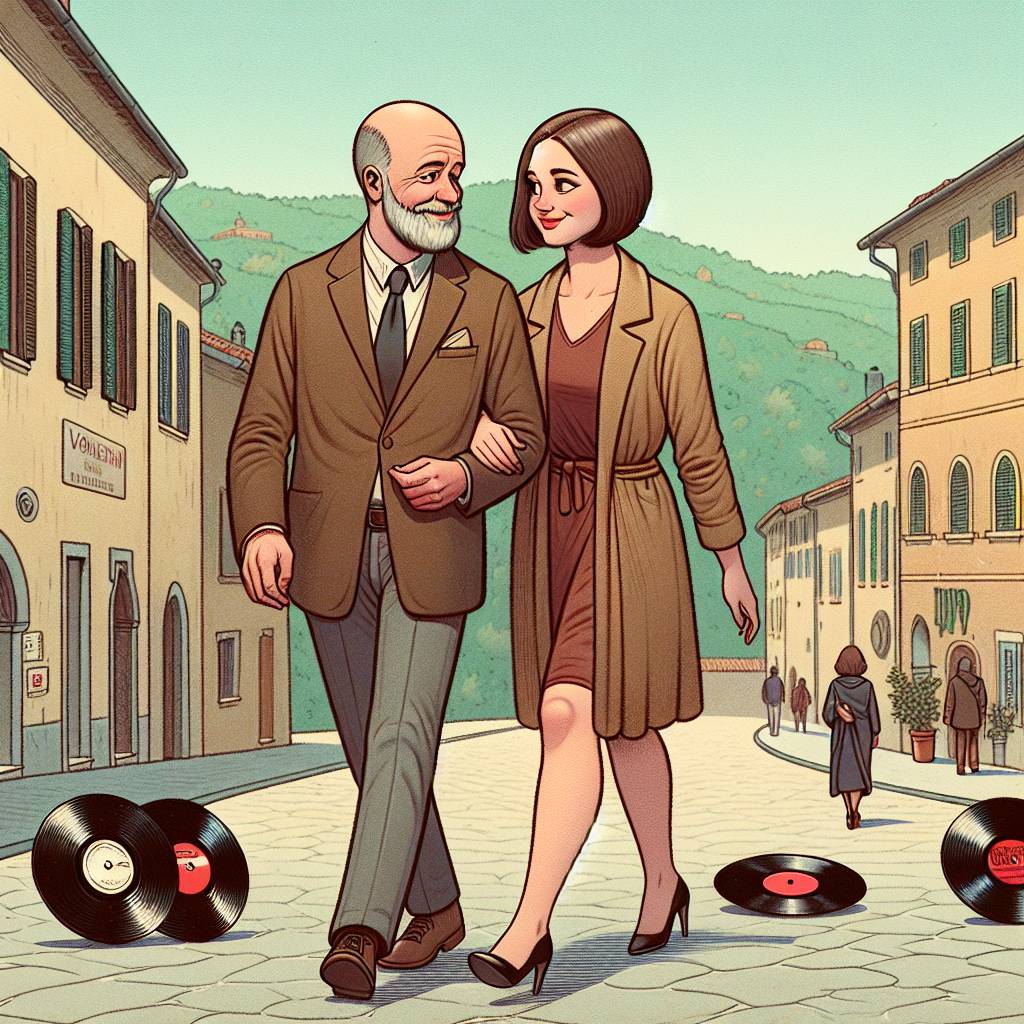2) Valentines-day AI Generated Card - White middle aged couple. bald headed man with slight beard. shoulder length brunette haired lady, slightly chubby , Walking, Vinyl records, Italy, and Love (45719)