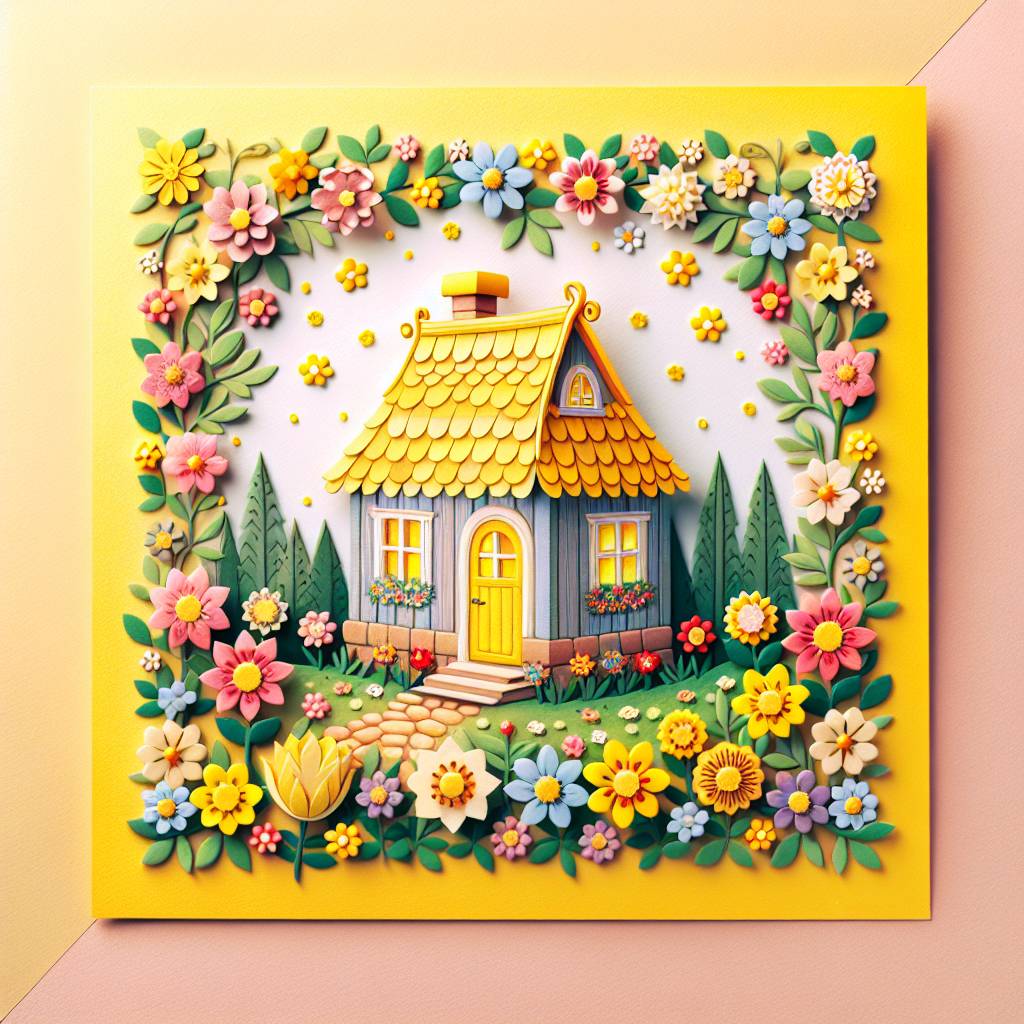 1) Birthday AI Generated Card - Building out a tiny yellow house surrounded by pretty Swedish flowers (d9404)