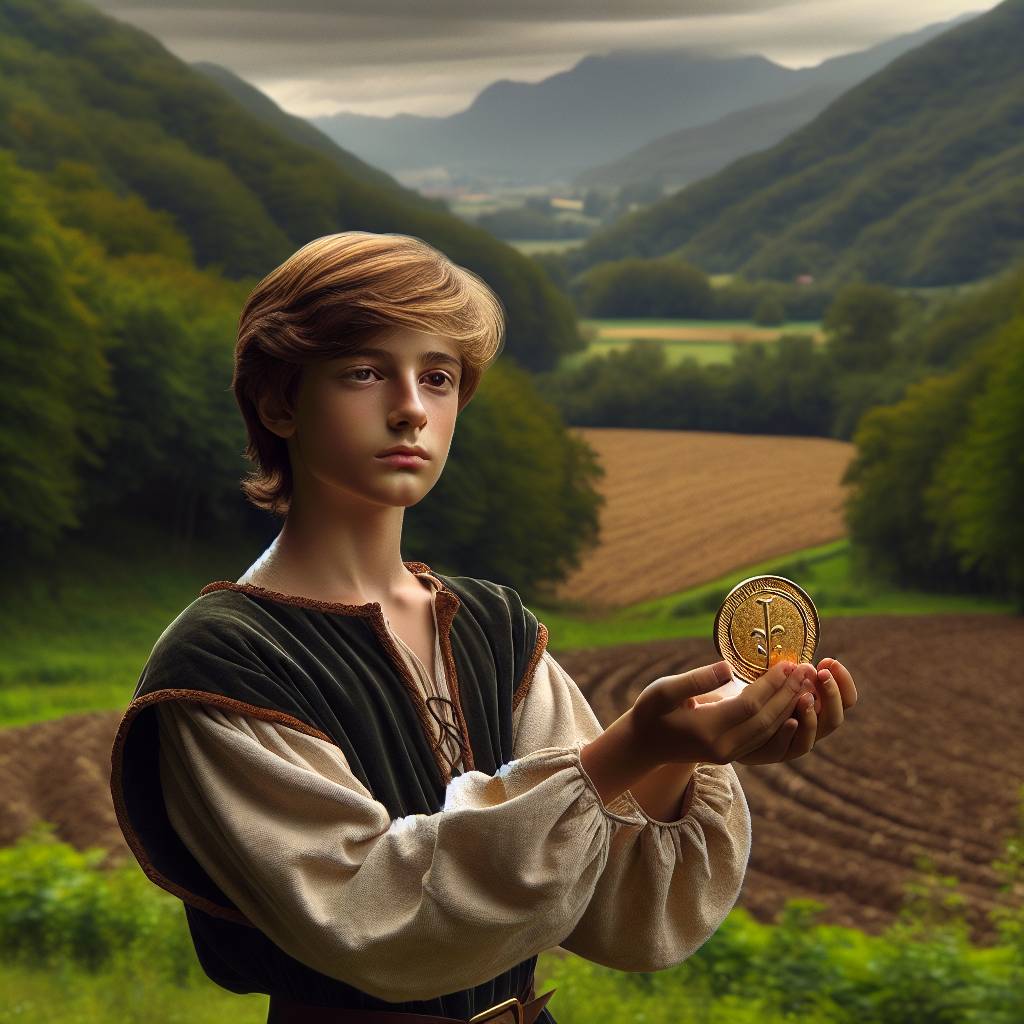 1) Birthday AI Generated Card - A young knave wearing a medieval style tunic and tights stands in a verdant valley., He is holding up a huge golden coin and staring at it intently, and In the distance there are trees, mountains and freshly ploughed fields (cbf39)