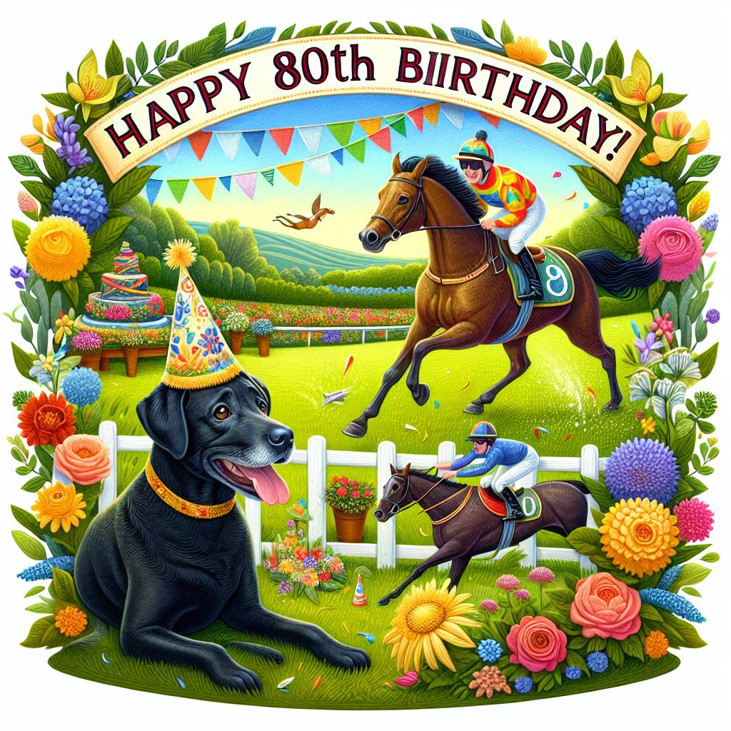 1) Birthday AI Generated Card - Horse racing , Black Labrador , Gardening, and Caroline’s 80th birthday  (6dc4b)