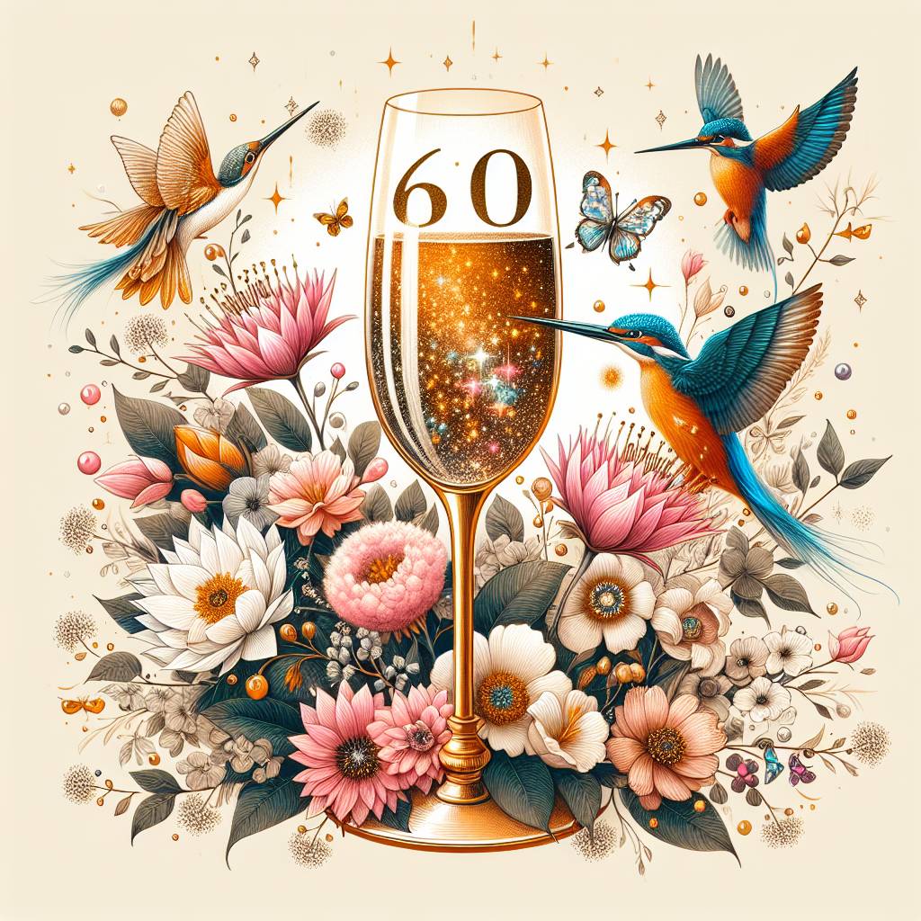 2) Birthday AI Generated Card - 60th, Champagne glass, Kingfishers, Butterflies, and Flowers (041ad)