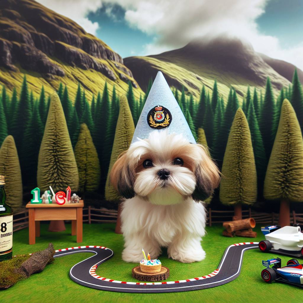 2) Birthday AI Generated Card - F1, Jamesons whiskey, Forest, White/beige shitzhu, Royal Marine, and Mountains (f54b4)