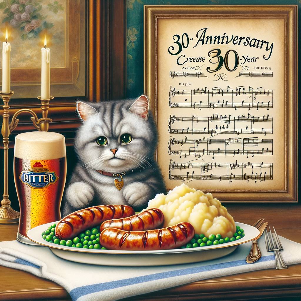 2) Anniversary AI Generated Card - Grey tabby cat, Pint of bitter, Sausage and mash and peas, Classical music, and 30 years (f9986)