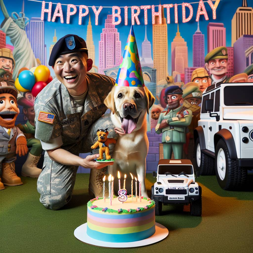 1) Birthday AI Generated Card - Golden Labrador, Army soldier , Range rover , and New York  (0d08b)