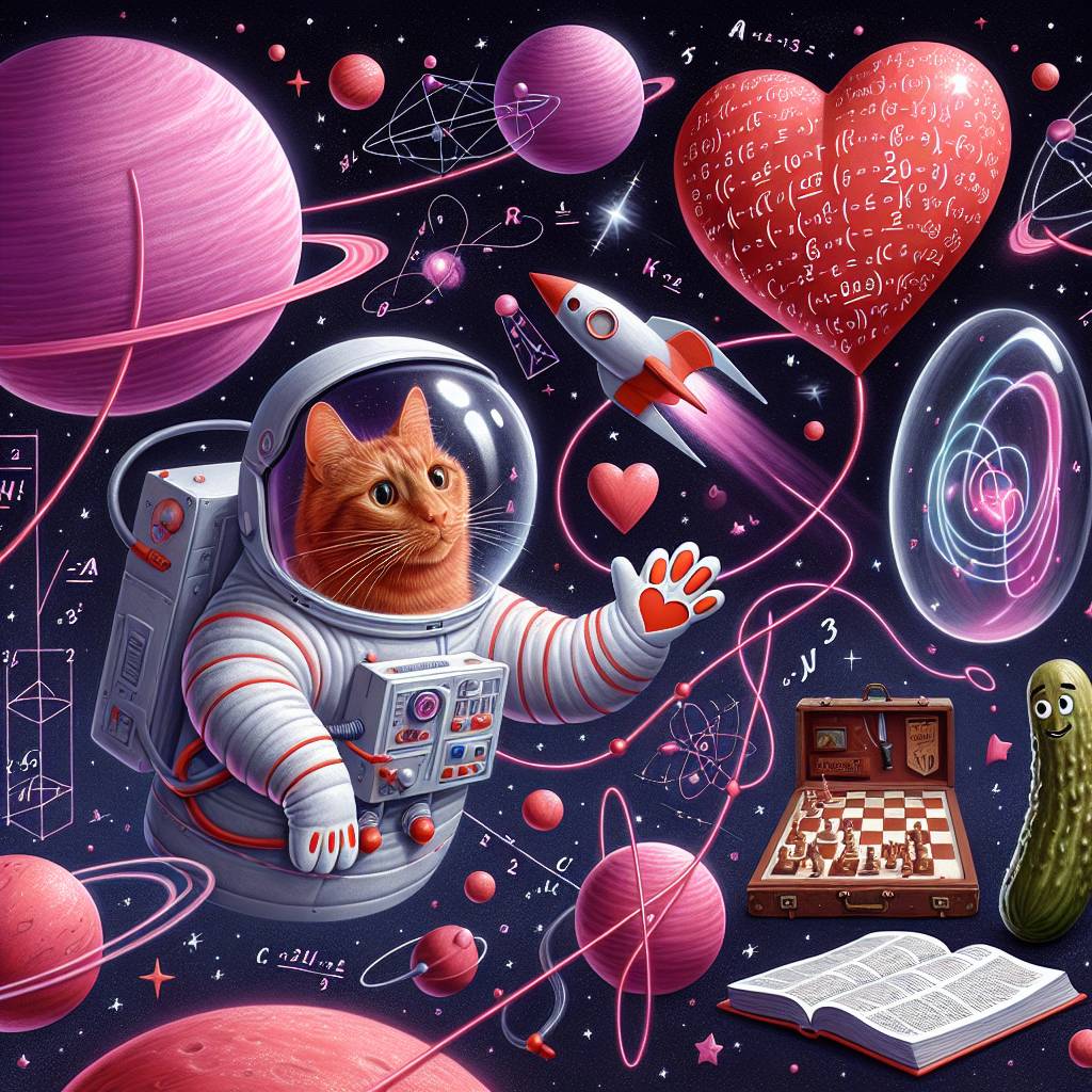 1) Valentines-day AI Generated Card - Quantum physics , Space travel , Ginger cat, Pickles, Bible , and Chess (b7eb6)